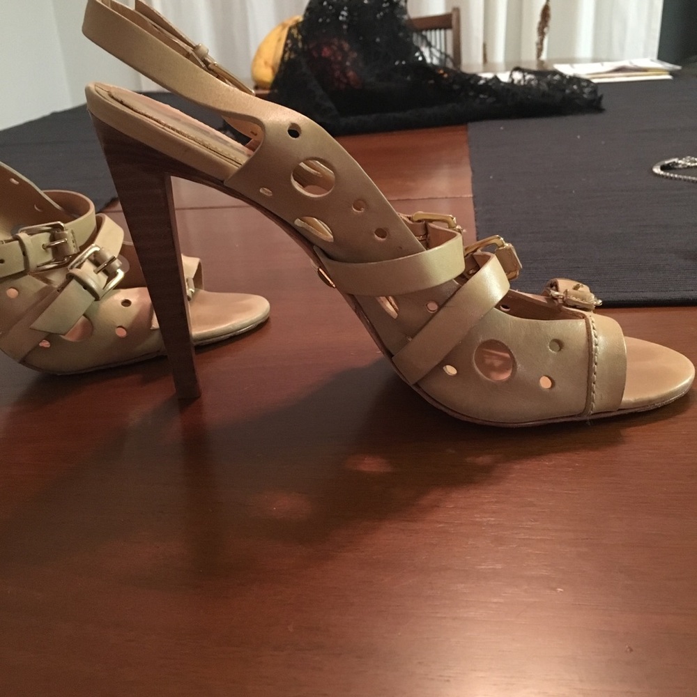 Nude L.A.M.B stacked heel sandal strappy